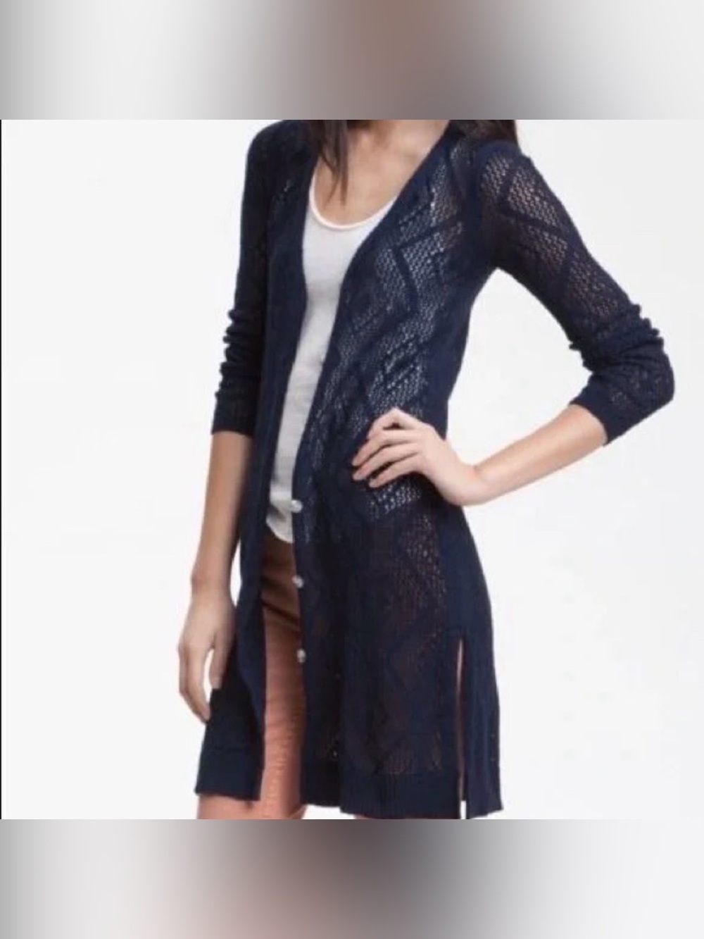 FreeβPeople Navy Blue Long Open Knit Cardigan